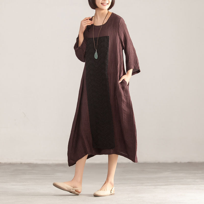 Splicing Loose Three Quarter Sleeve Wine Red Linen Dress – BUYKUD