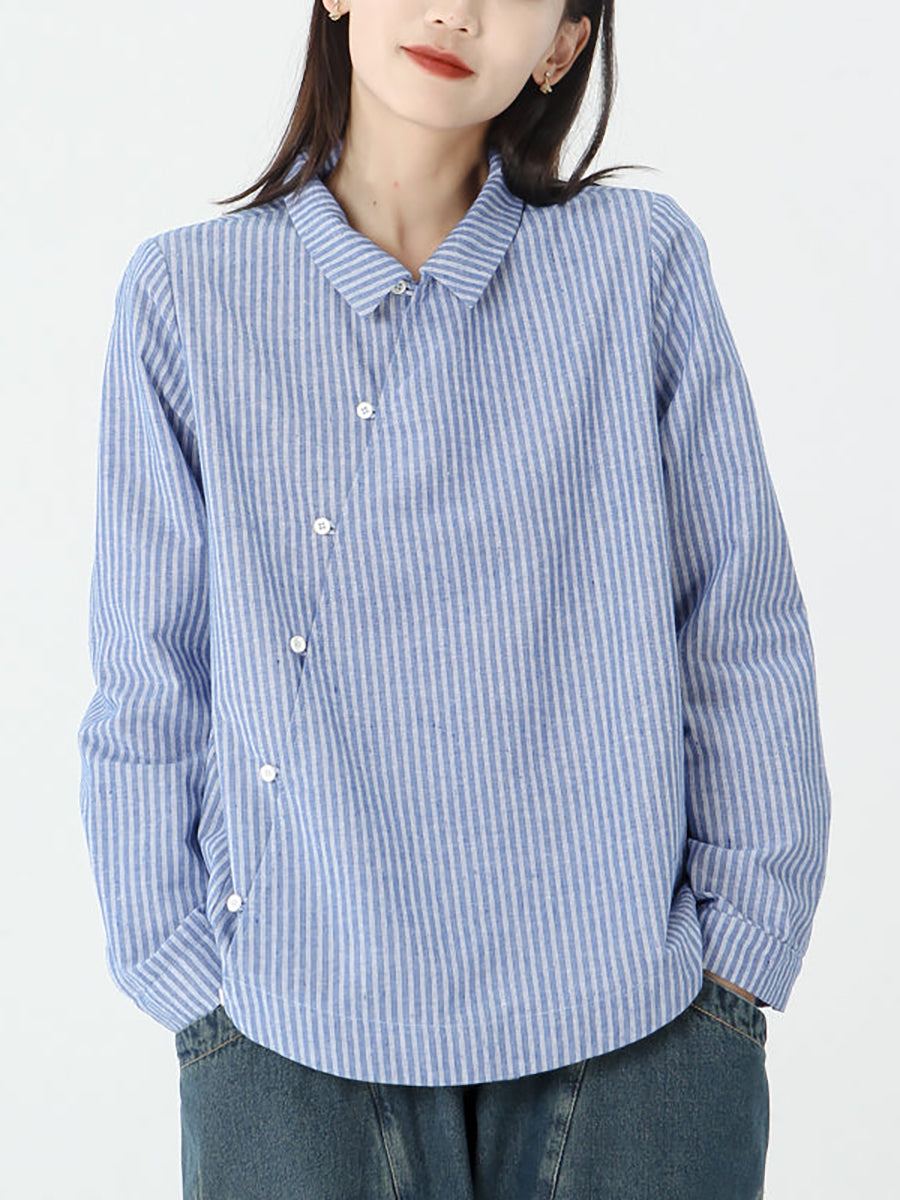 Plus Size Cotton Linen Stripes Long Sleeve Shirt