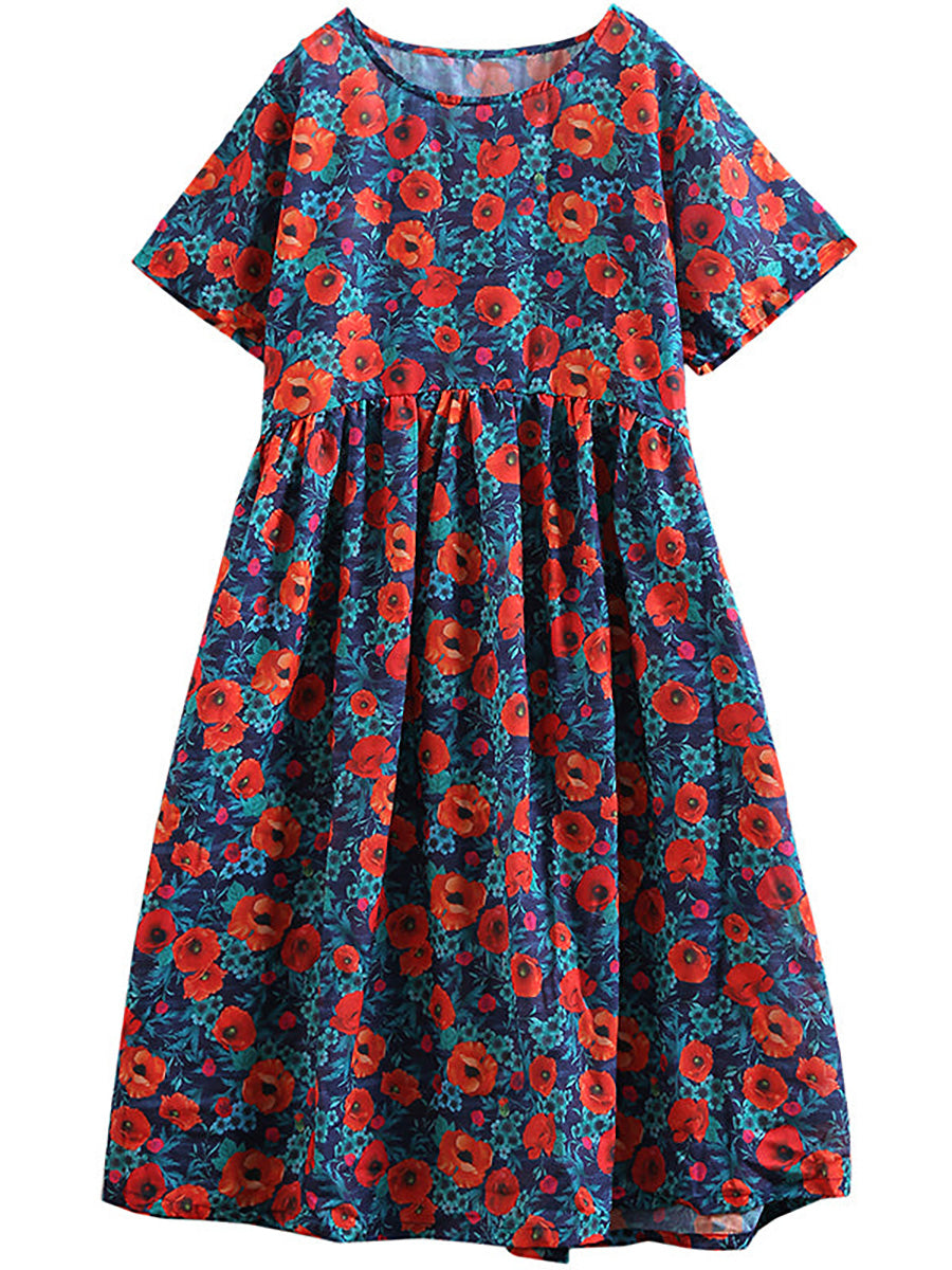 Plus Size - Vestido A-Line Solto de Algodão Estampado Floral