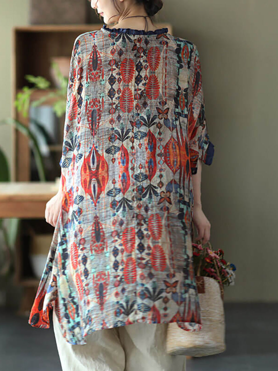 Plus Size - Camisa casual feminina floral vintage com estampa de rami