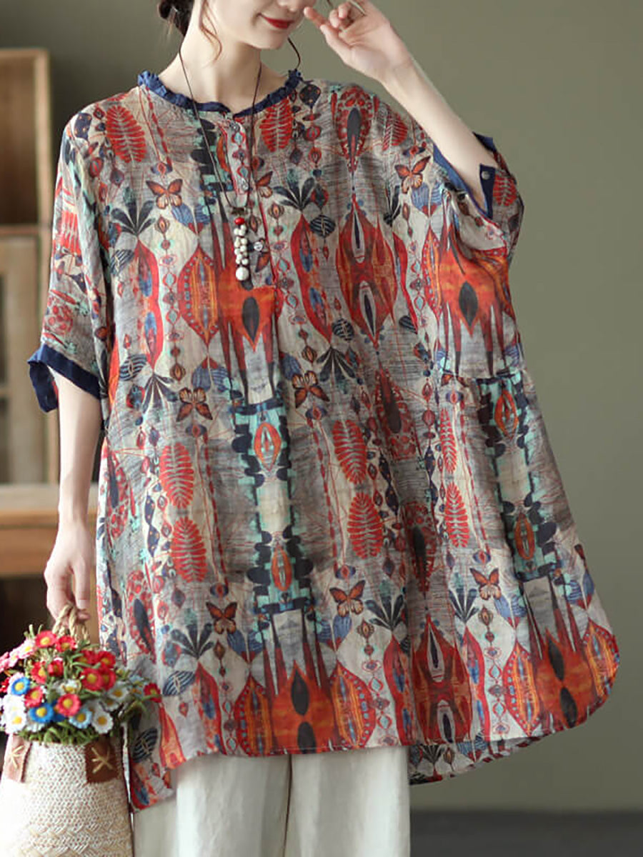 Plus Size - Camisa casual feminina floral vintage com estampa de rami