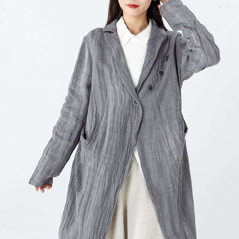 Women Linen Women Long Sleeve Pleated Pocket Coat