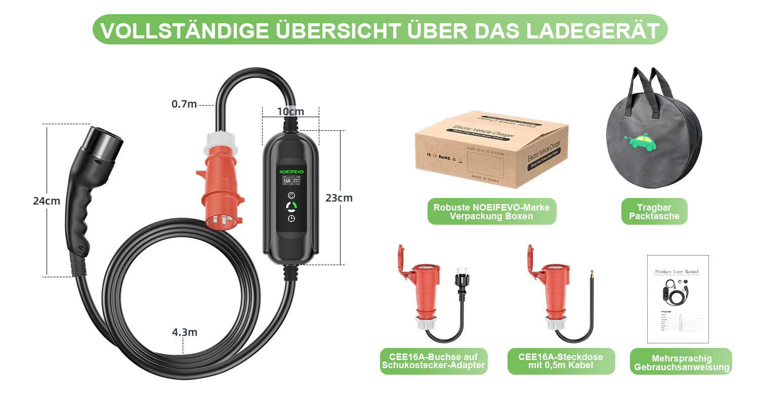 Daolar Typ 2 Ladekabel für Elektroauto 11KW 16A 10m 3-Phasen-EV-Ladege –  Daolar-EU