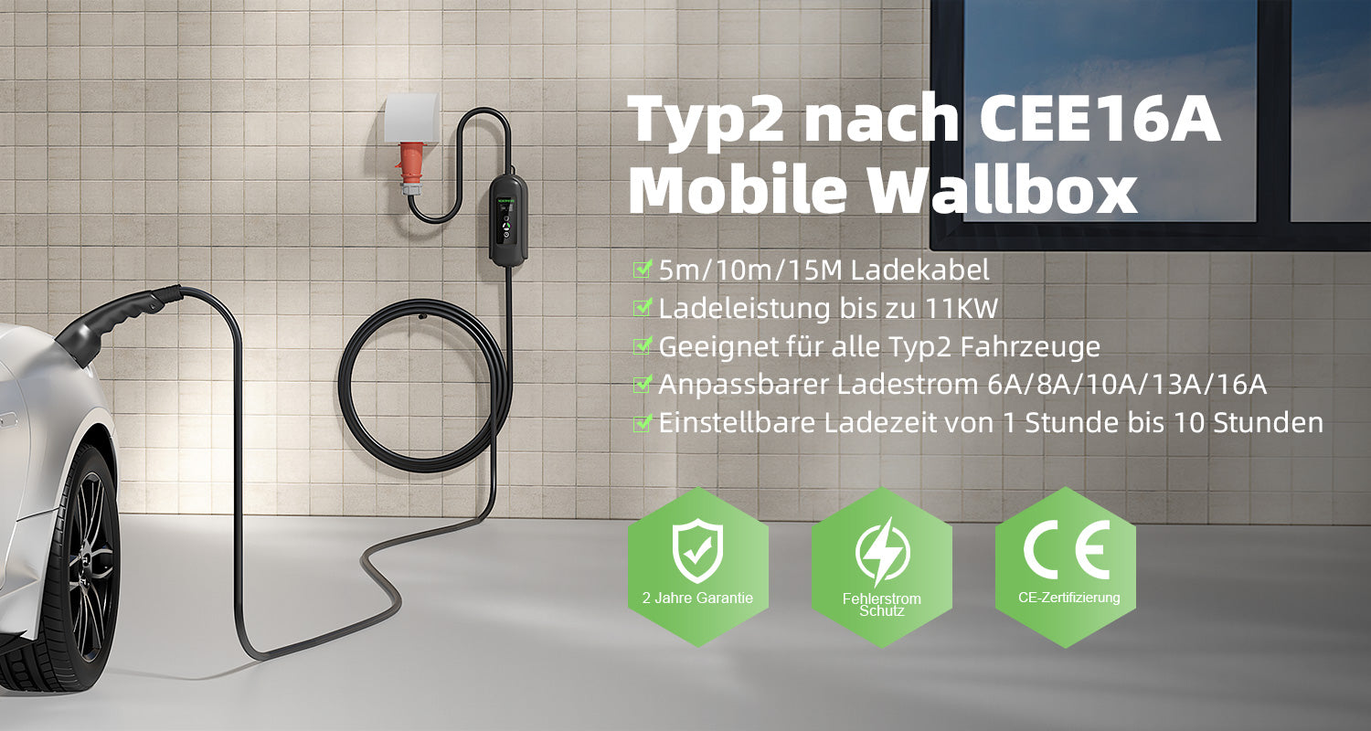 Typ 2 Mobile EV Ladekabel, 11KW 16A 3 Phase Elektrofahrzeuge