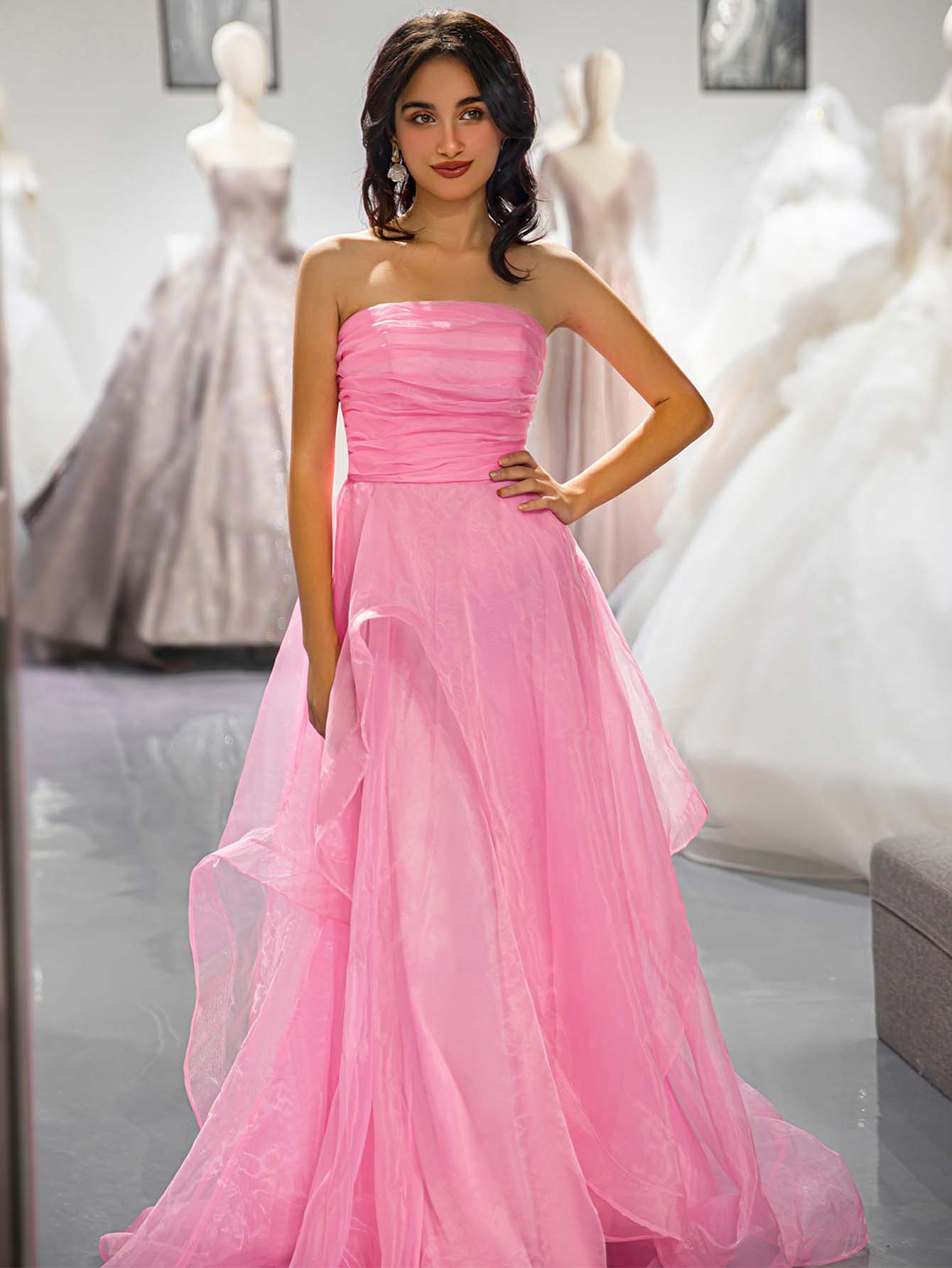 in Stock Ladivine CR864 Size 4 Blush Long Tulle A Line Feather Sequin Strapless Ballgown Prom Dress