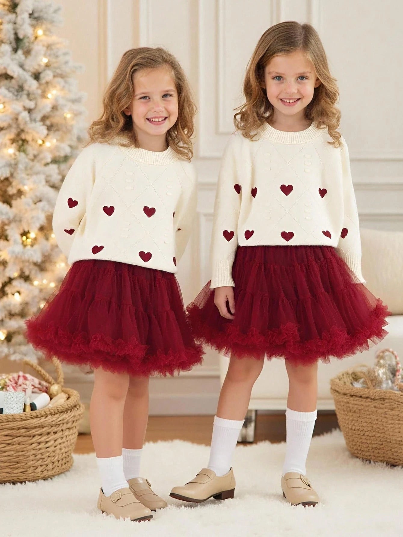 2 Peças/Conjunto Suéter de Tricô com Estampa de Coração e Saia Tule Casual