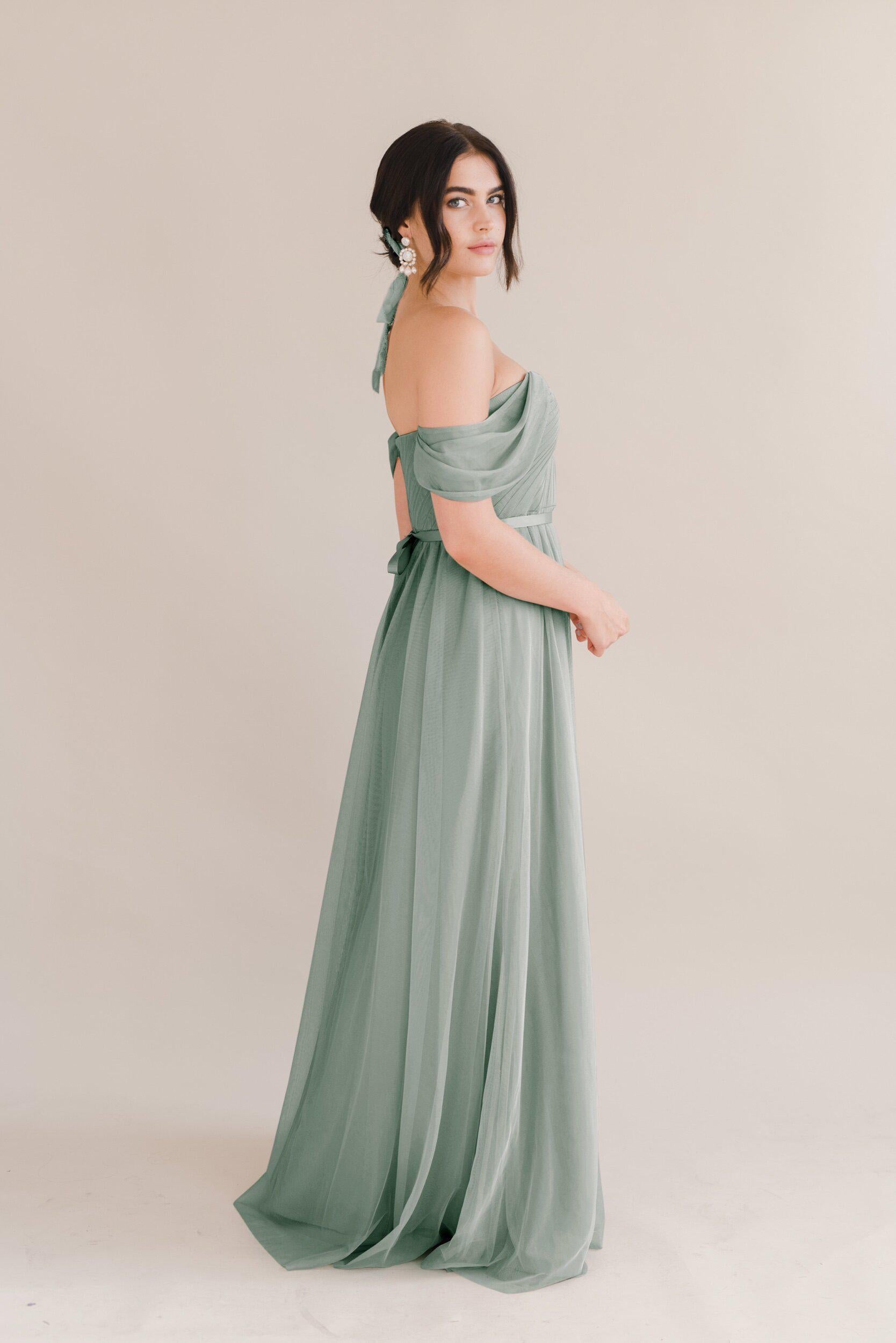 Bardot Bridesmaid Dress In Sage Tulle