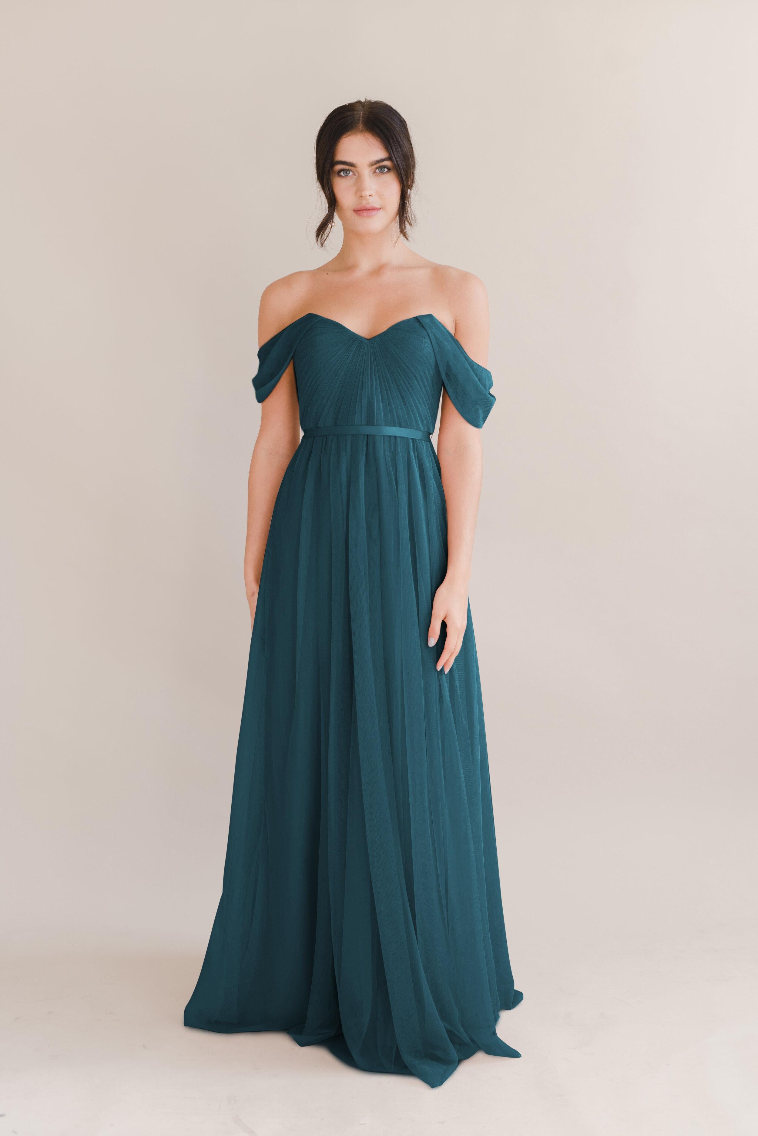 Bardot Bridesmaid Dress In Emerald Tulle