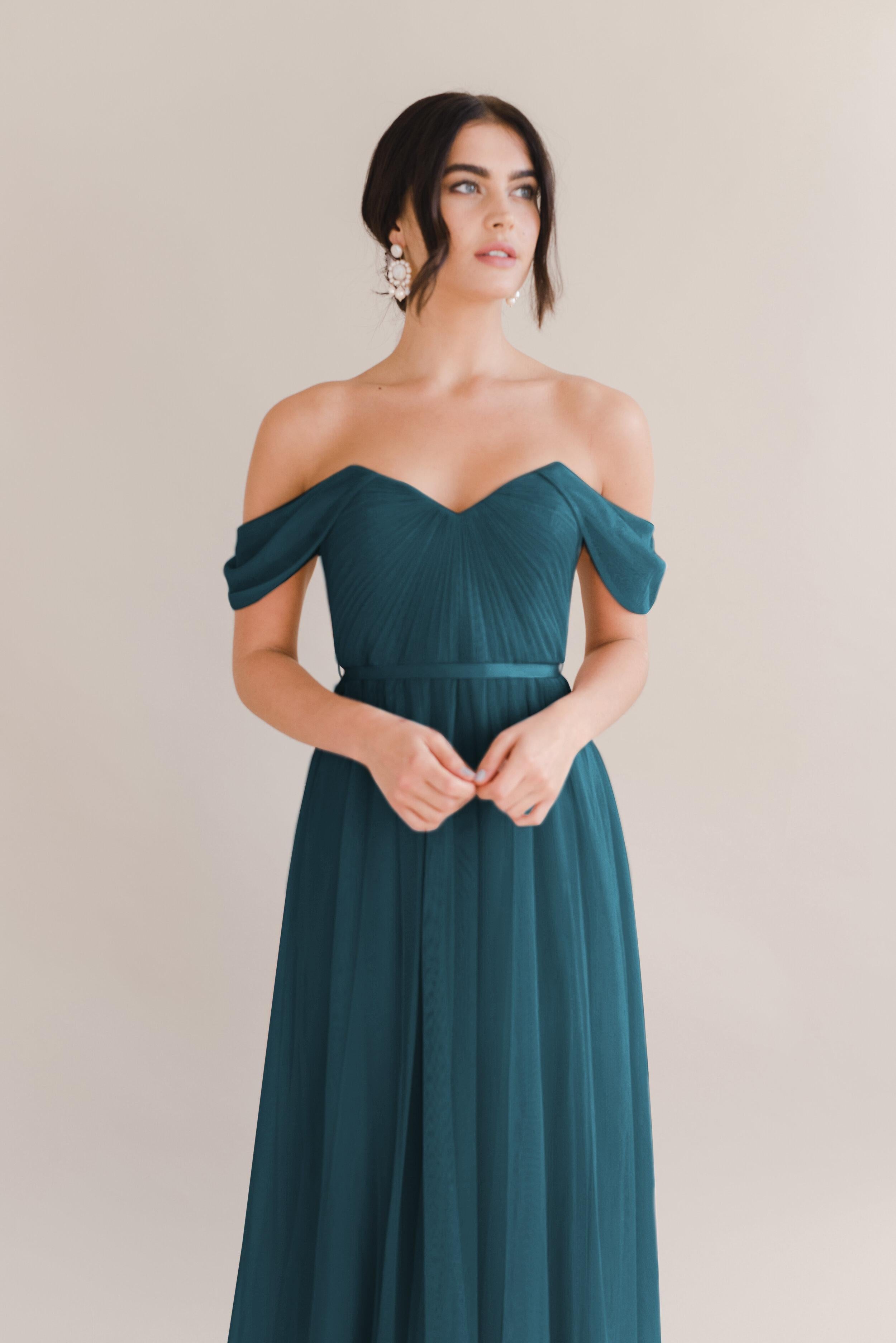 Bardot Bridesmaid Dress In Emerald Tulle