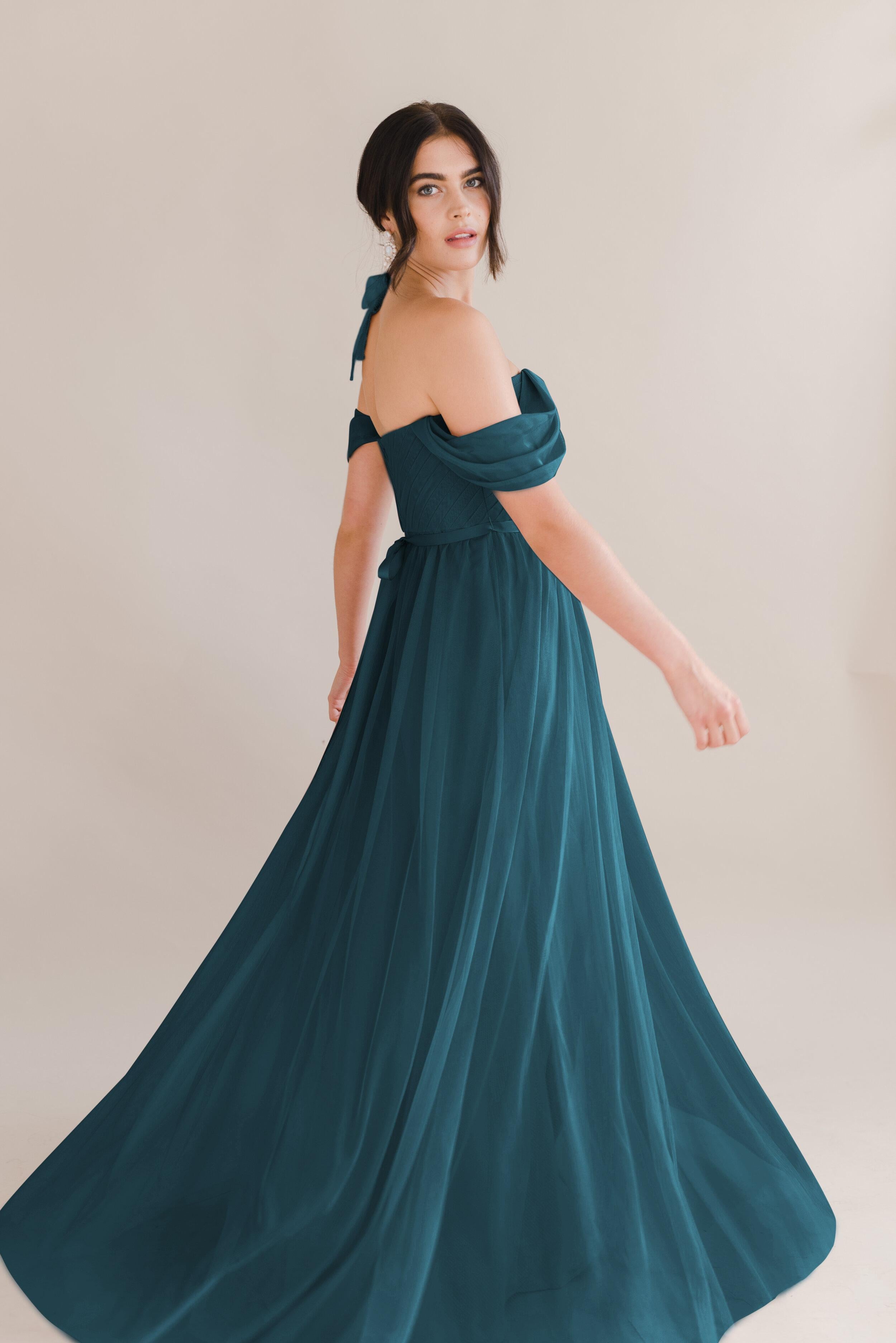 Bardot Bridesmaid Dress In Emerald Tulle