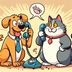 Dog and cat talking to each other on the phone being pals