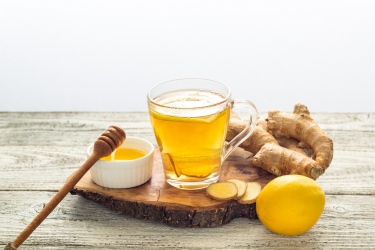 Hot tea with ginger, lemon, and honey