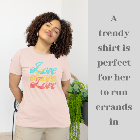 A trendy shirt is perfect for her to run errands in 