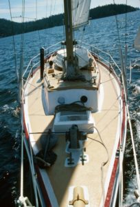 The Lady under full sail. I tied a rope around the tiller and she just flew. Straights of Georgia, off Vancouver, BC, Canada