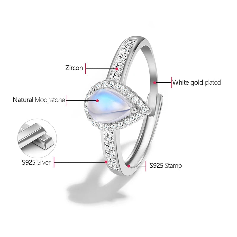 direct factory Zirconia Natural Blue Moonstone Water Drop Adjustable Ring for Women Real 925 Sterling Silver Luxury Fine Jewelry