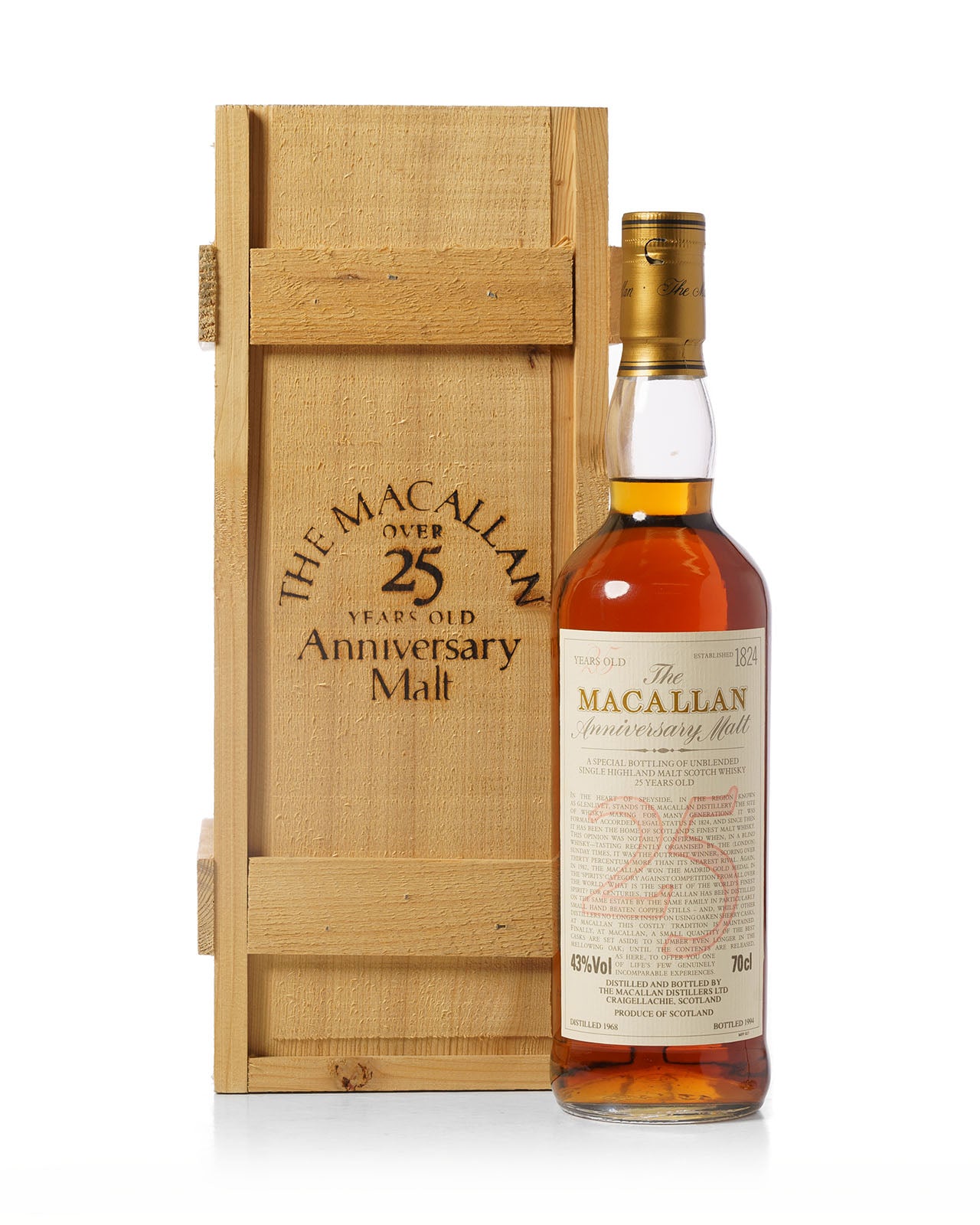 Macallan 1968 25 Year Old Anniversary Malt Bottled 1994 With Original Wood Box