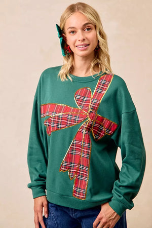BiBi Plaid Ribbon Bow Detail Christmas Fleece Pullover - Whimsy Threads Boutique 