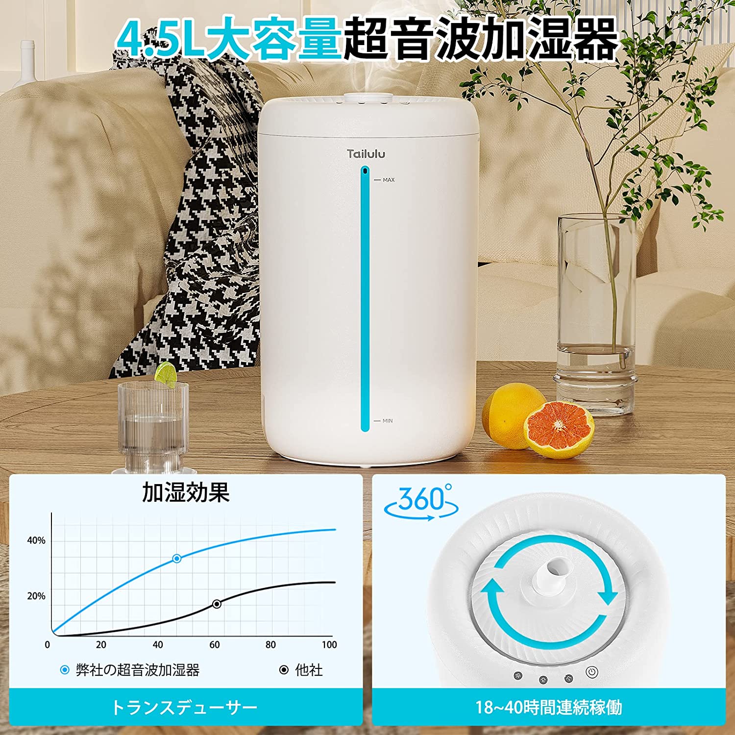 おしゃれでアロマオイルが楽しめる卓上加湿器 42時間連続稼働