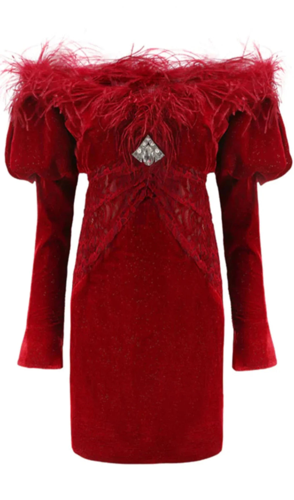 Off Shoulder Ostrich Fur Decorative Slim-Fit Mini Dress In Red