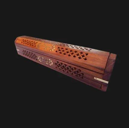 Sheesham Wood Hand Carved Coffin Incense Burner Brass Inlays & Storage