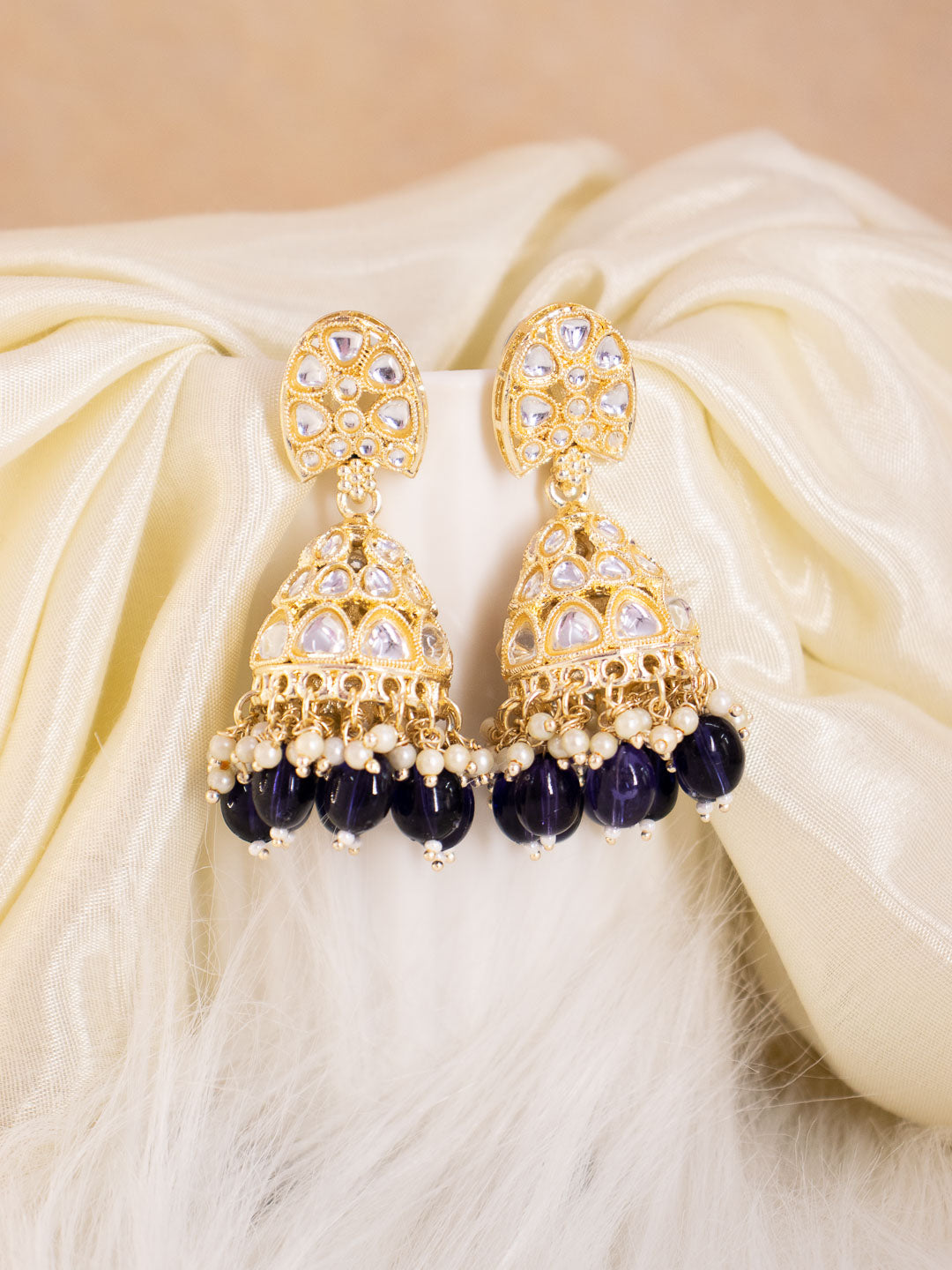 Cubic Zirconia Pearl Jhumka Earrings - Dark Blue | FashionCrab.com