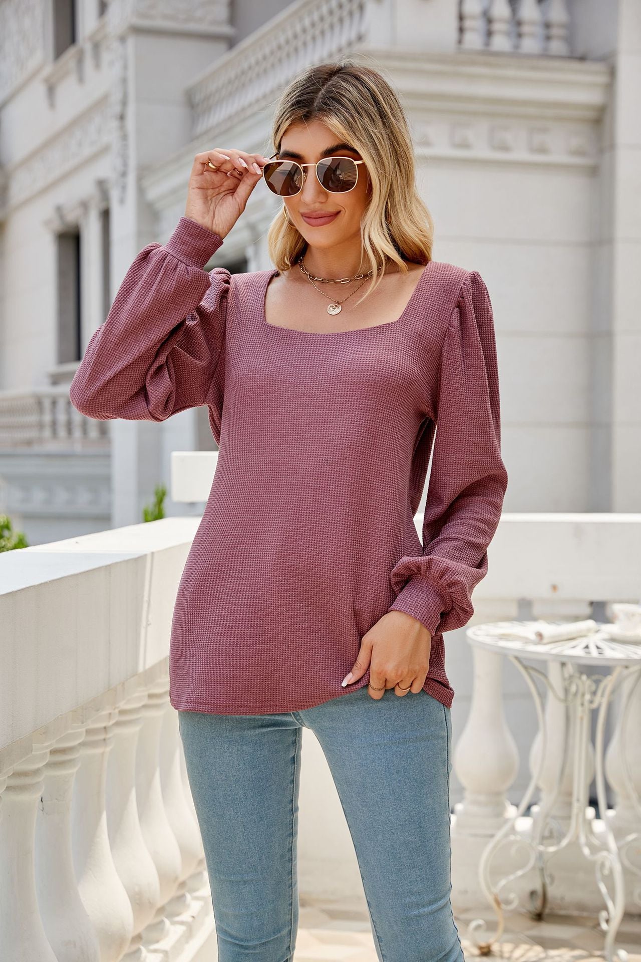 Waffle-Knit Puff Sleeve Square Neck Top – Trendi'UpscaleDesigns