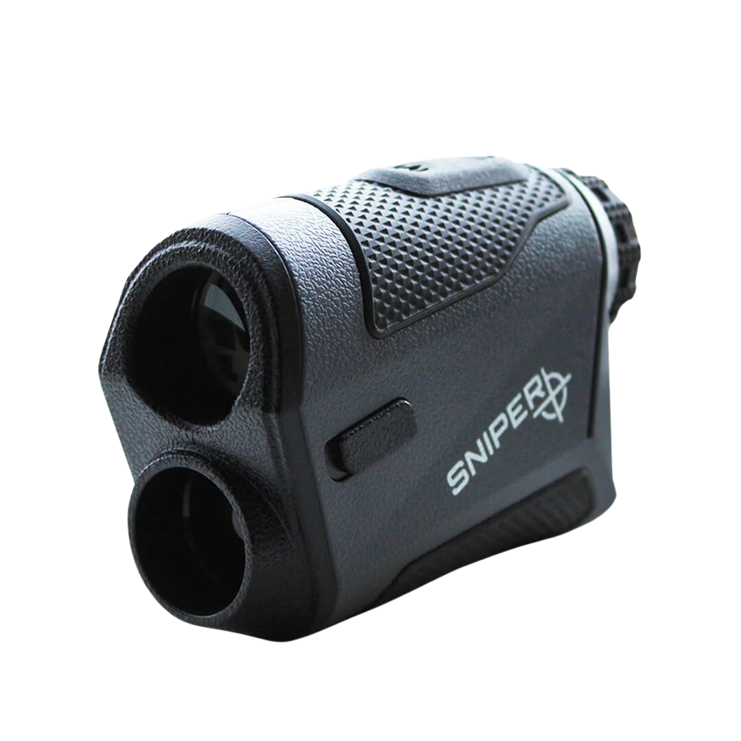 Handheld golf rangefinder with the label 'SNIPER' on a black background.