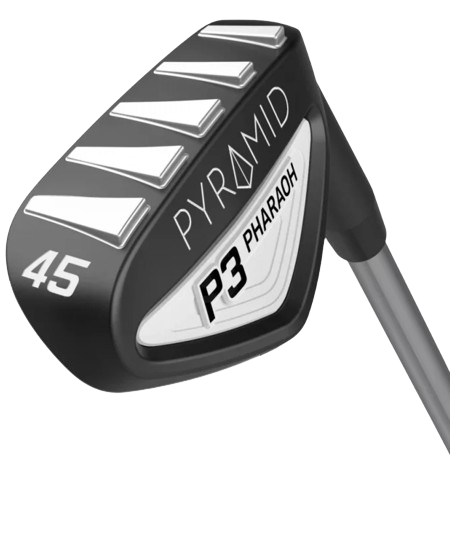 A black and silver golf club iron with markings 'PYRAMID P3 PHARAOH 45'.
