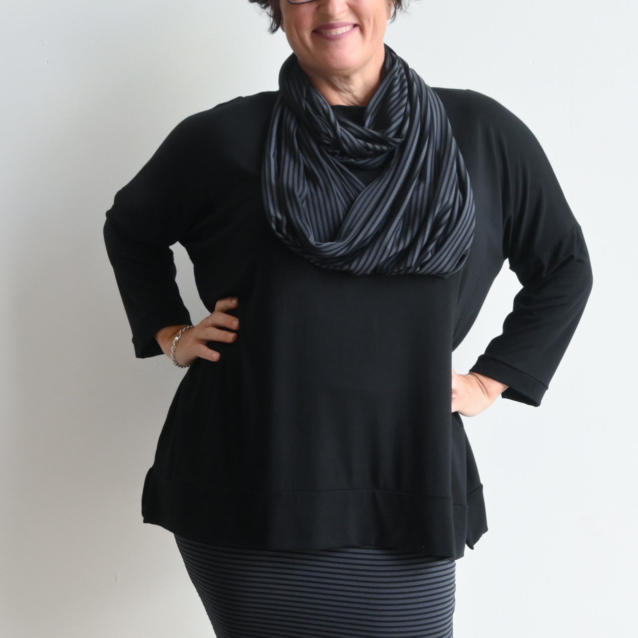 Infinity Scarf Snood in Bamboo - Charcoal and Black Stripe