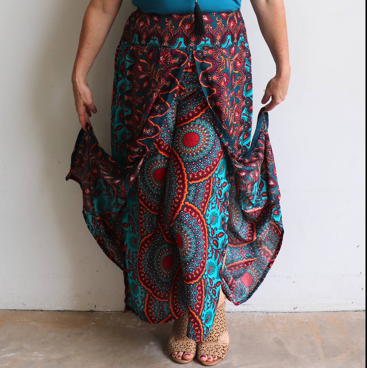 Free Spirit Wrap Pant, classic wide-leg palazzo style in vibrant print