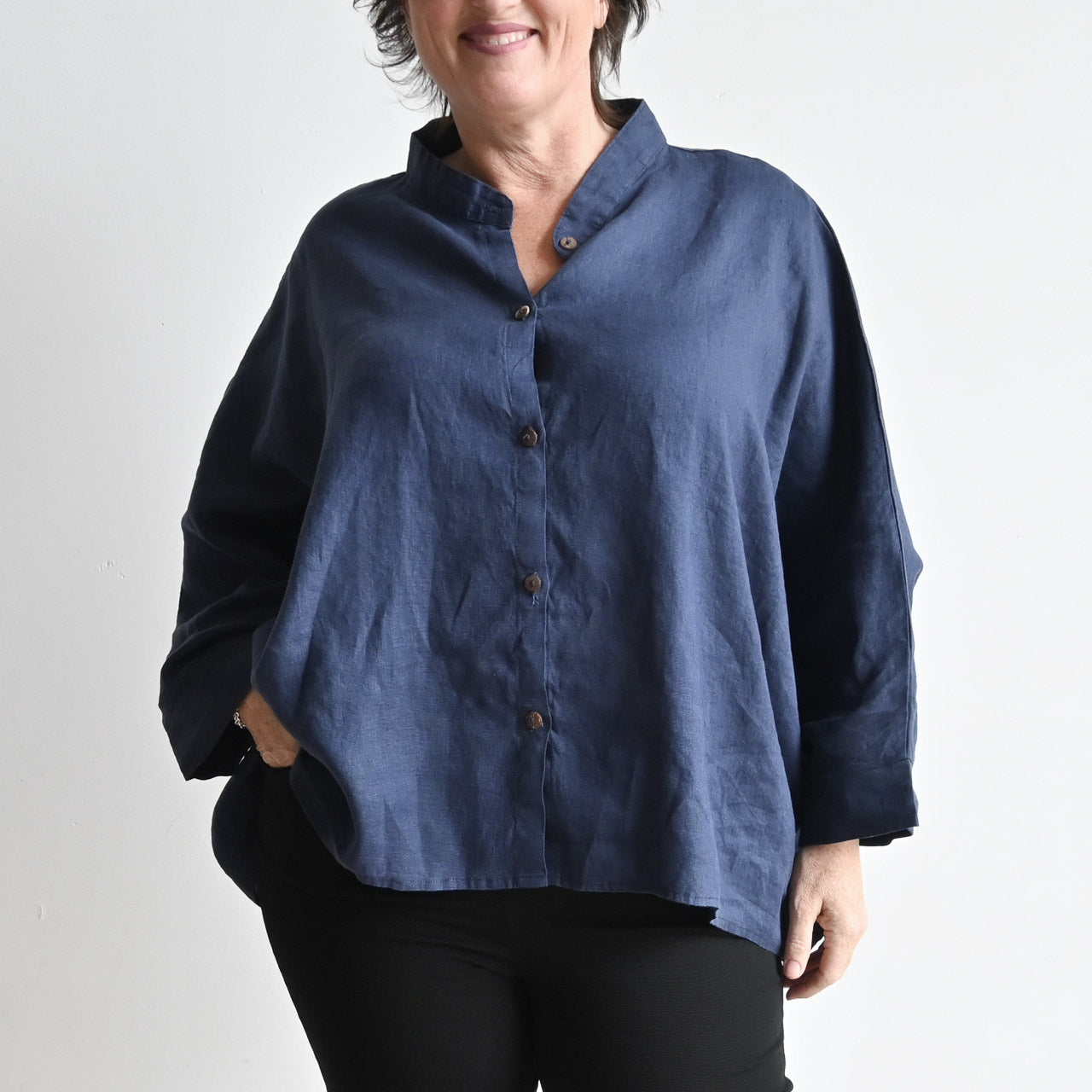 Kobomo Linen Mandarin Button Up Blouse - Navy Blue