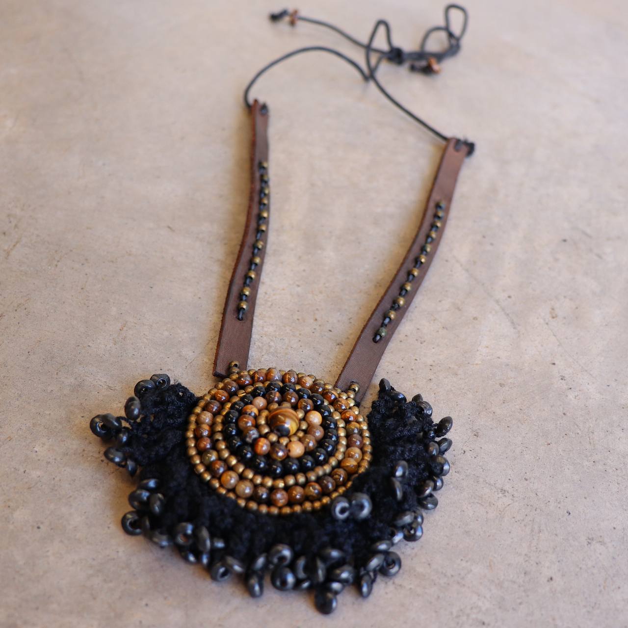 Tribal Pendant Leather + Crochet Necklace