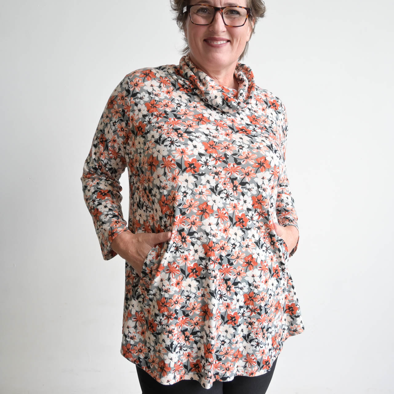 Winter Cowl Neck Tunic Top - Prairie Flowers