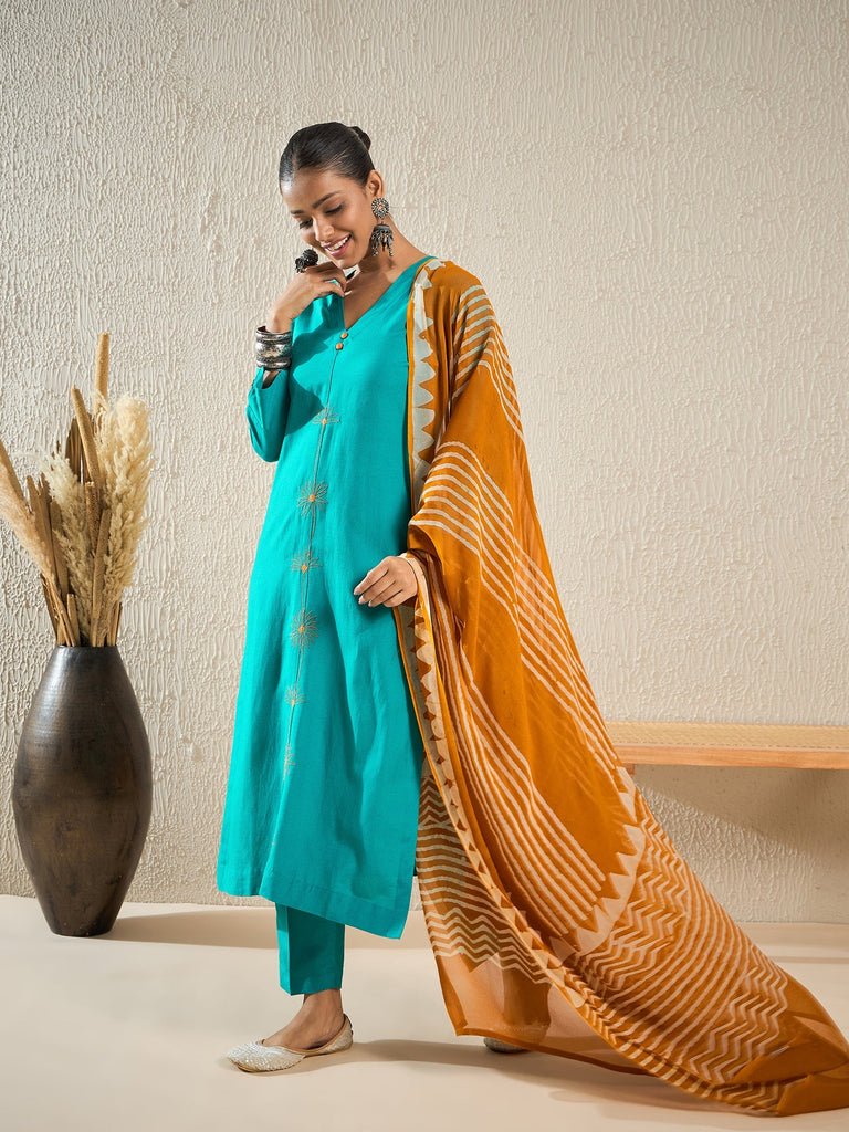 Turquoise Kurta Set with Mustard Dupatta