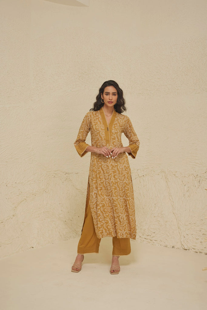 Beige Hand Block Kurta Set