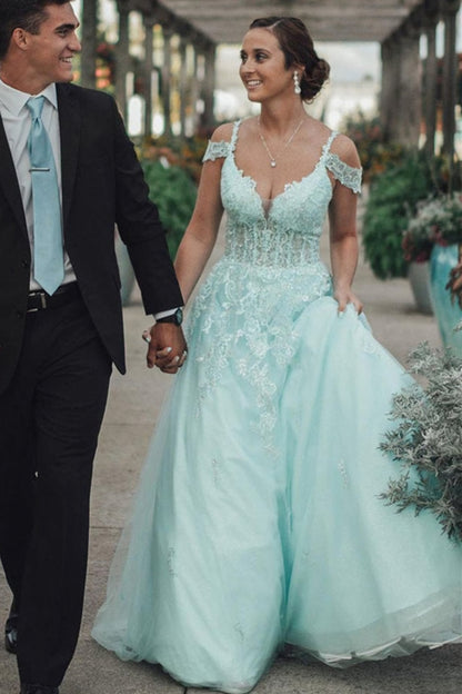 Off Shoulder Mint Green Lace Tulle Long Prom Dresses