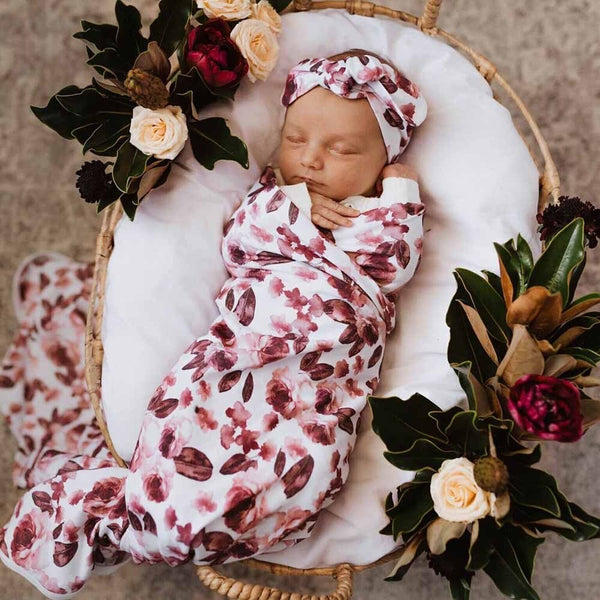 Floral Kiss Baby Swaddle with Topknot For Girls | Snuggle Hunny