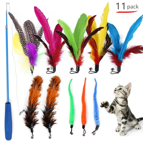 A imagem mostra a vara de pesca com os 10 modelos de pena e um gatinho brincando