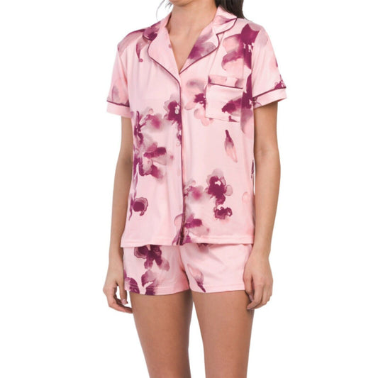 Laura Ashley Women's Ultra Soft 2-pc PJ V-neck Floral Print Lettuce Edge  Shorty Lounge Pajama Set