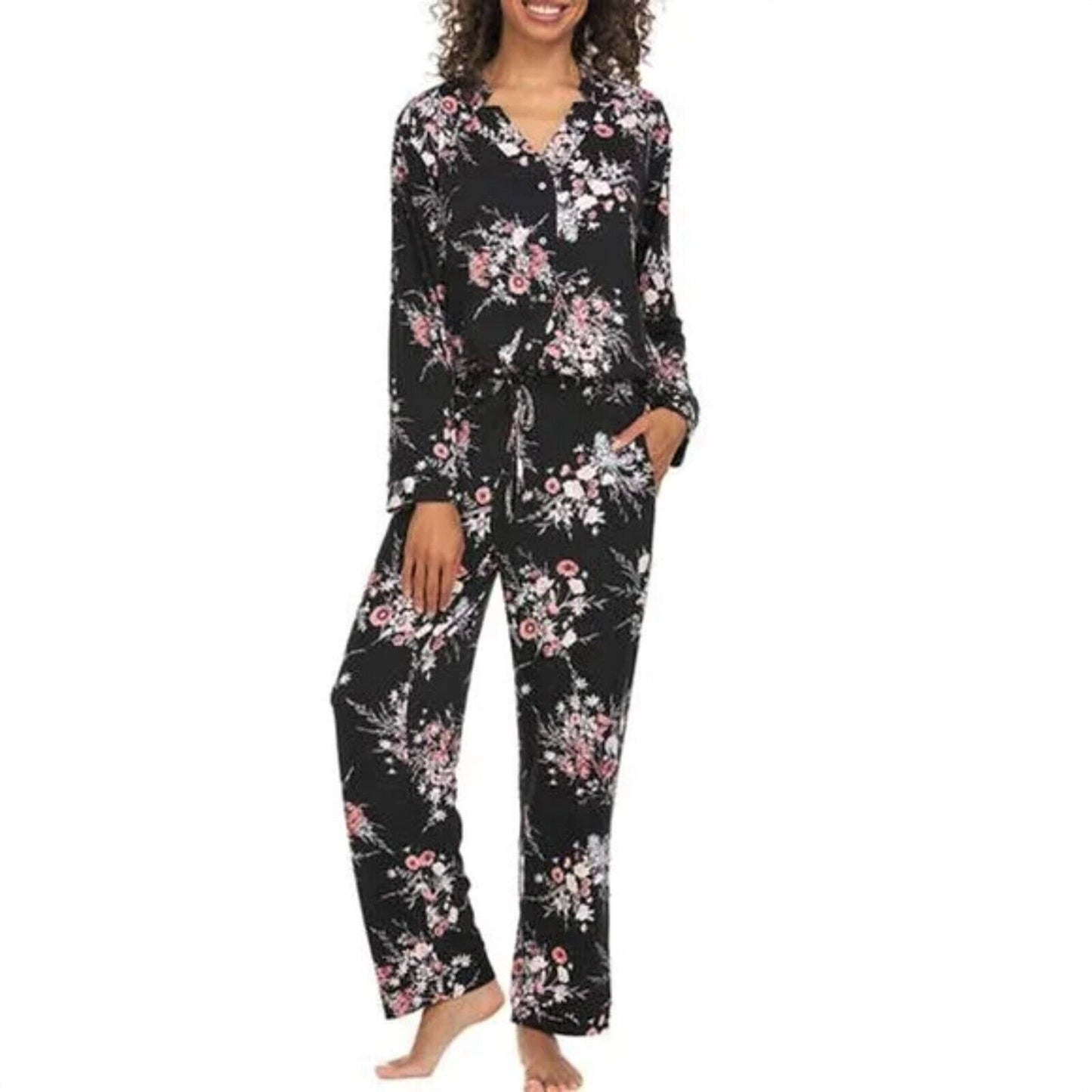 Flora Nikrooz Women's Plus Ultra Soft Floral Print PJ Cozy Notch Collar 2-piece Sllepwear Lounge Pajama Set