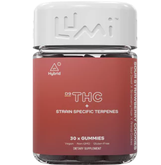 Jar of THC gummies with labeling that indicates it's a dietary supplement.