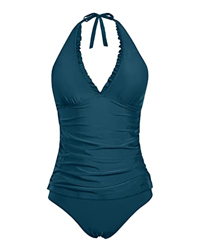 Two Piece V-Neck Tankini Swimsuits With Bikini Bottoms For Women-Teal ...