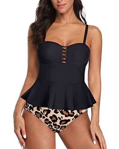 Retro Style Peplum Tankini High Waisted Tummy Control Bottom Plus