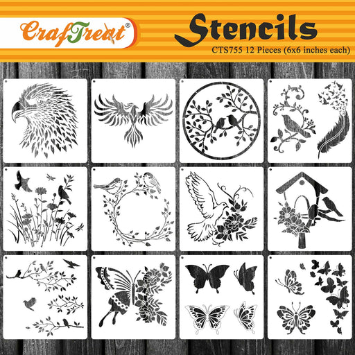 CrafTreat 12 Pieces Flower Stencils for Painting (6x6), DIY Stencils for Painting on Wood, Reusable Floral Stencil, Elegant Flower Drawing Stencils