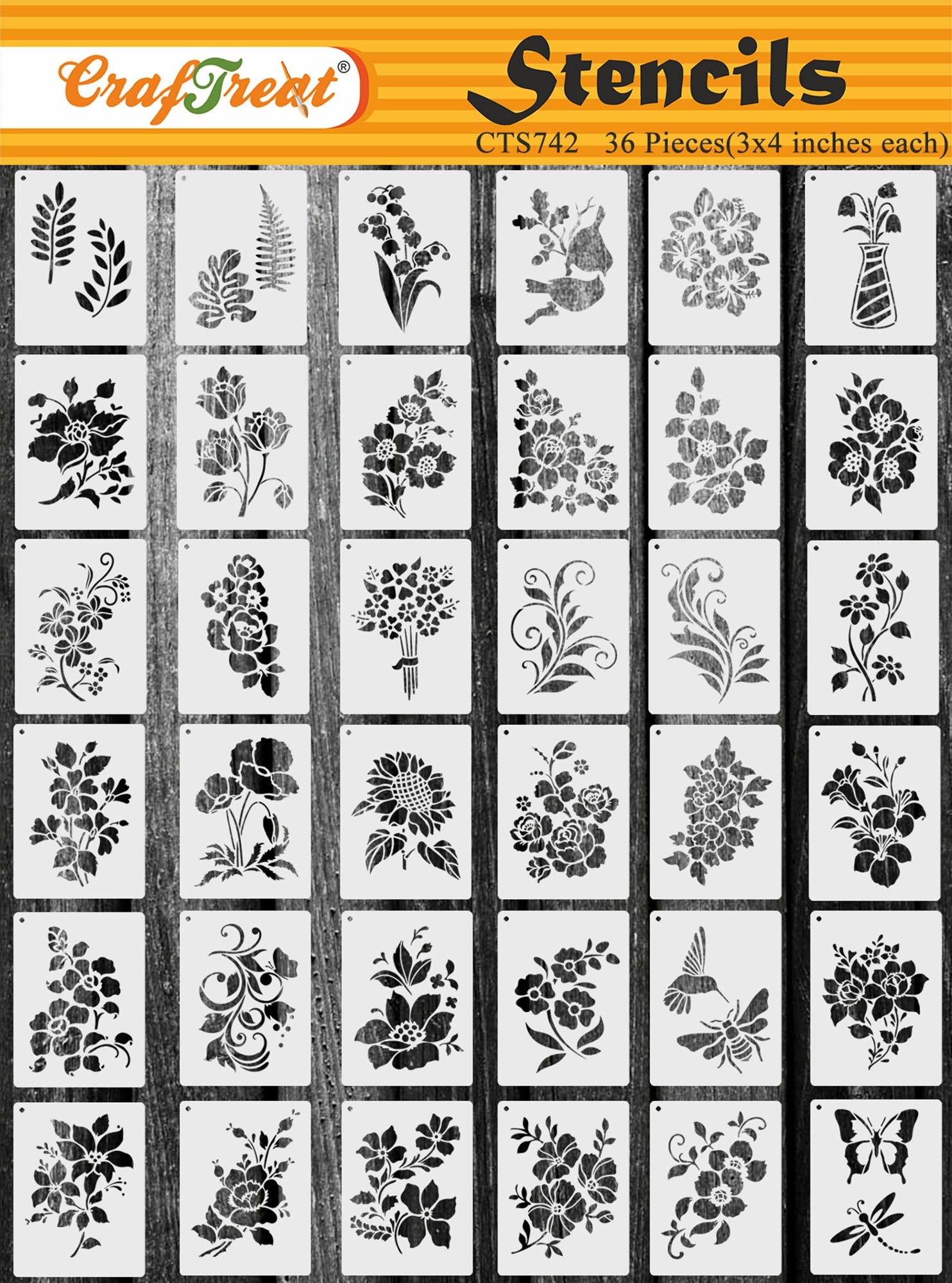 CrafTreat Flower Tile Stencil for Painting on Wood, Canvas, Paper, Fabric, Floor, Wall and Tile - Tile Flowers Small and Floral Tile - 2 Pcs - 6x6