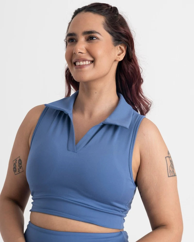 women blue polo crop top