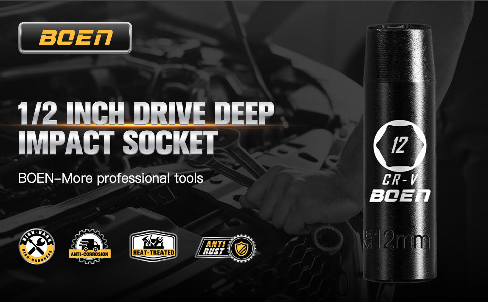 BOEN Tools 1/2" Drive 12mm Metric Deep Sockets-Detail-1