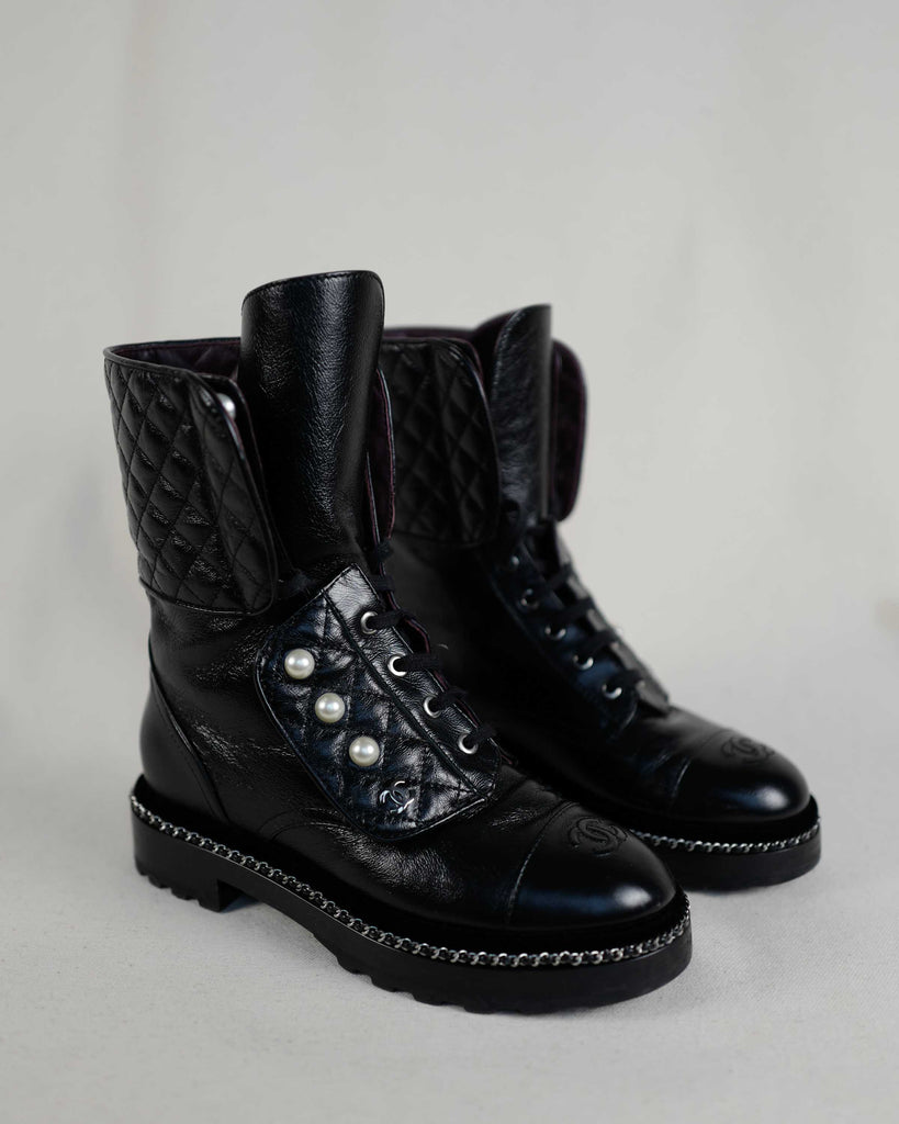 Chanel Combat Boots Black 375  Laulay Luxury