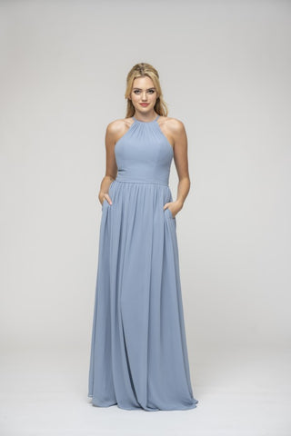 Halter Dusty Blue Chiffon Bridal Party Dress