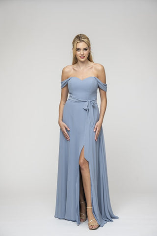 Off the Shoulder Sweetheart Waist-Tie Chiffon Bridesmaid Dress